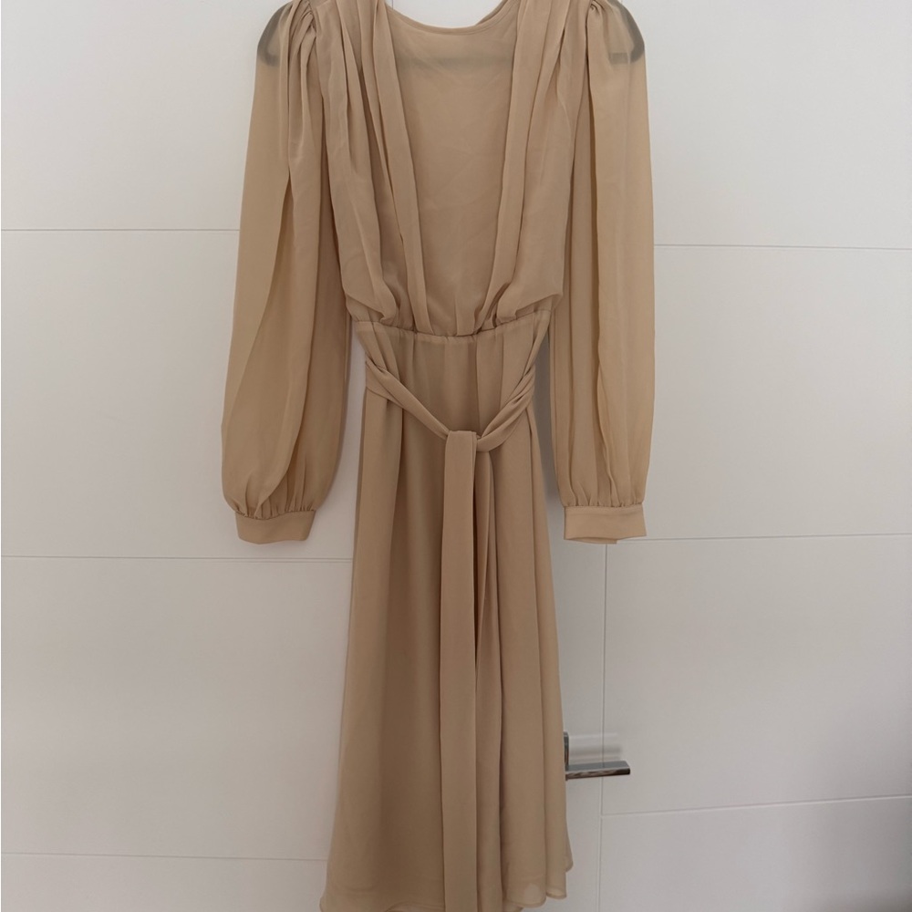 H&M Beige Long-Sleeve Sheer Midi Dress with Waist Tie
